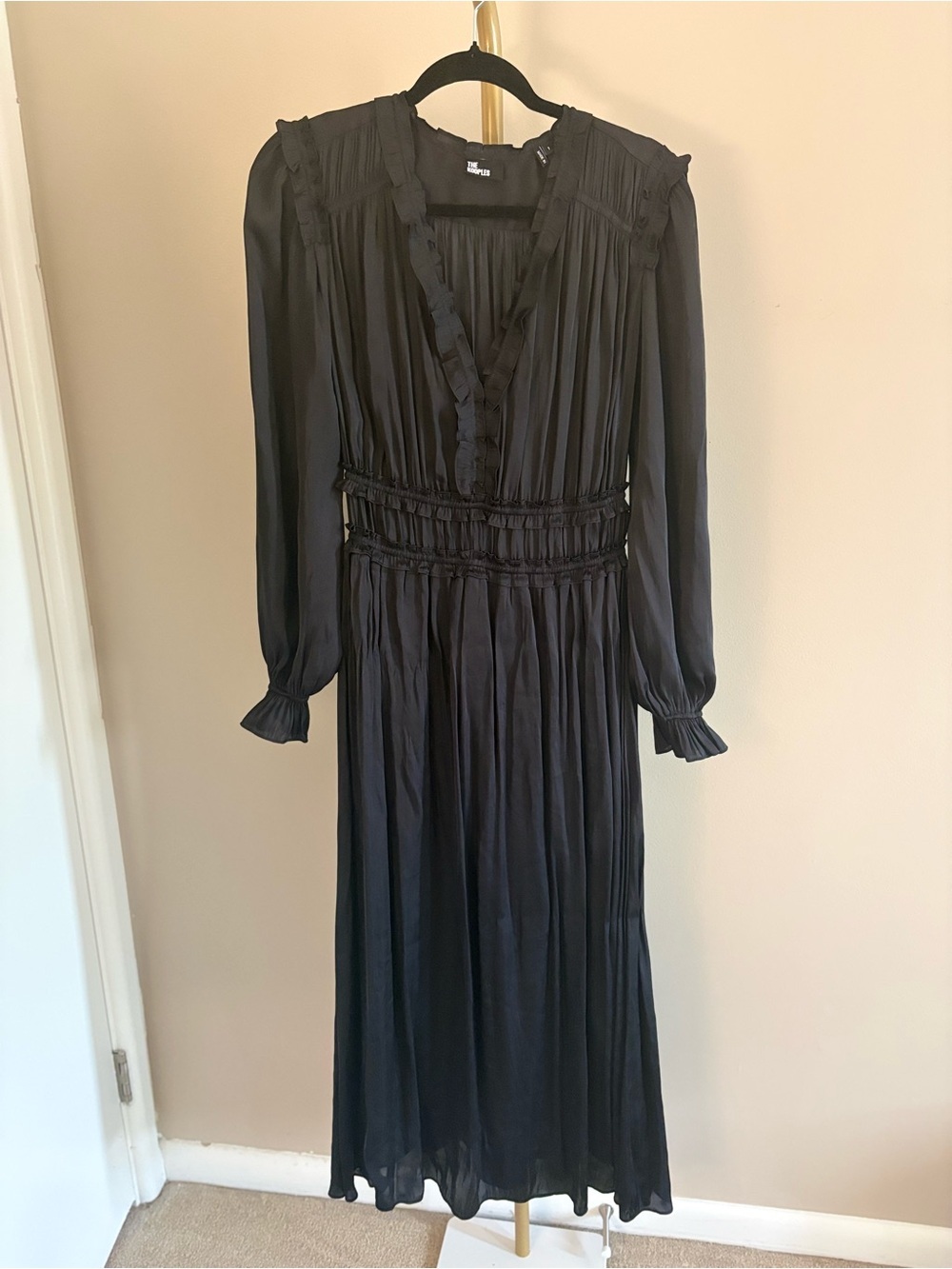 The Kooples V-neck Black Long Sleeve Smocked Waist Midi Dress